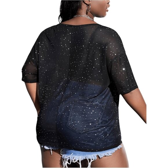 Women's Plus Size Glitter Mesh Tee Short Sleeve See Through Top for Night Out - Picture 2 of 5